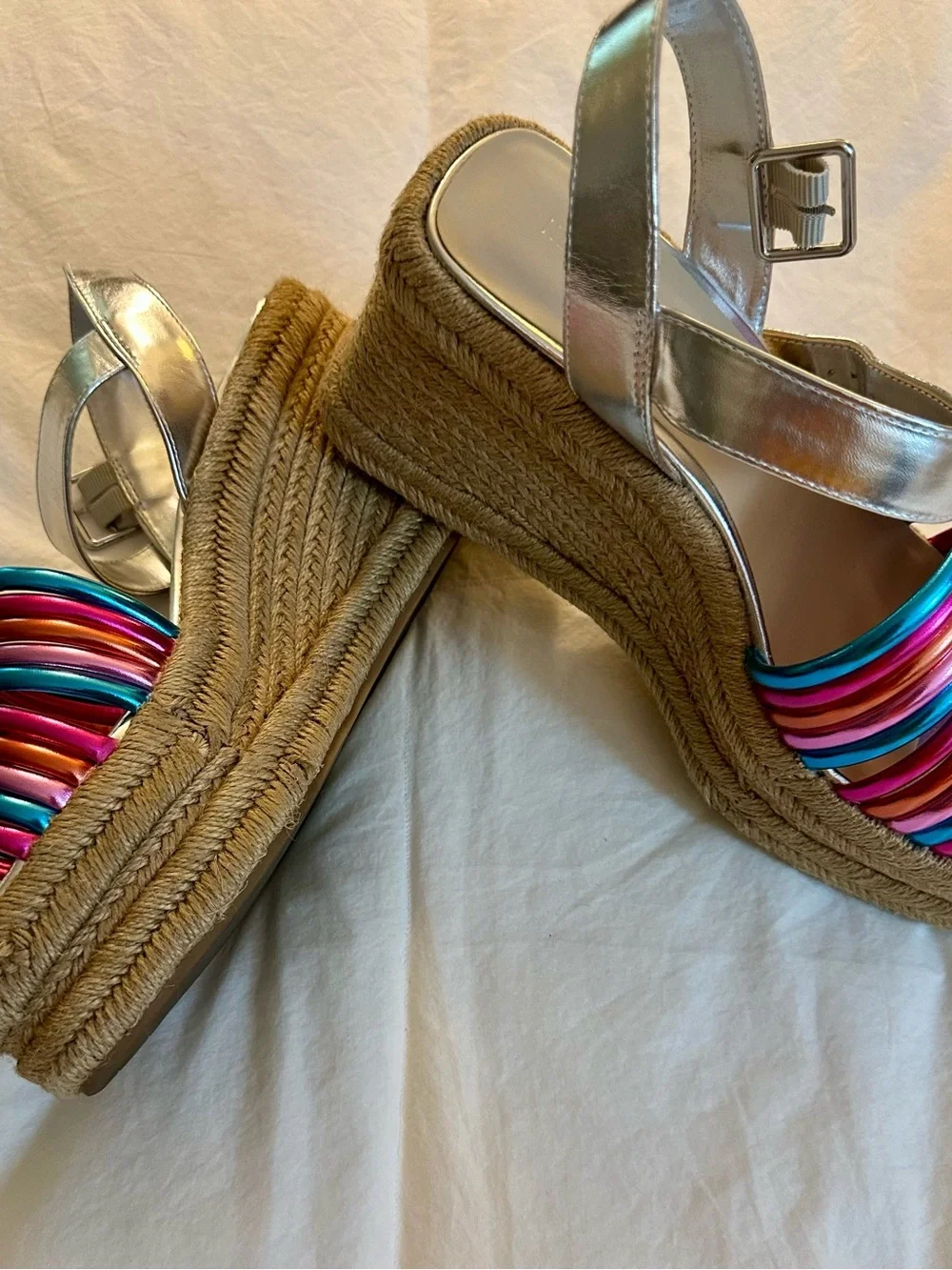 Kenneth Cole New York Silver Slingback Wedges with Multicolor Strappy Toe